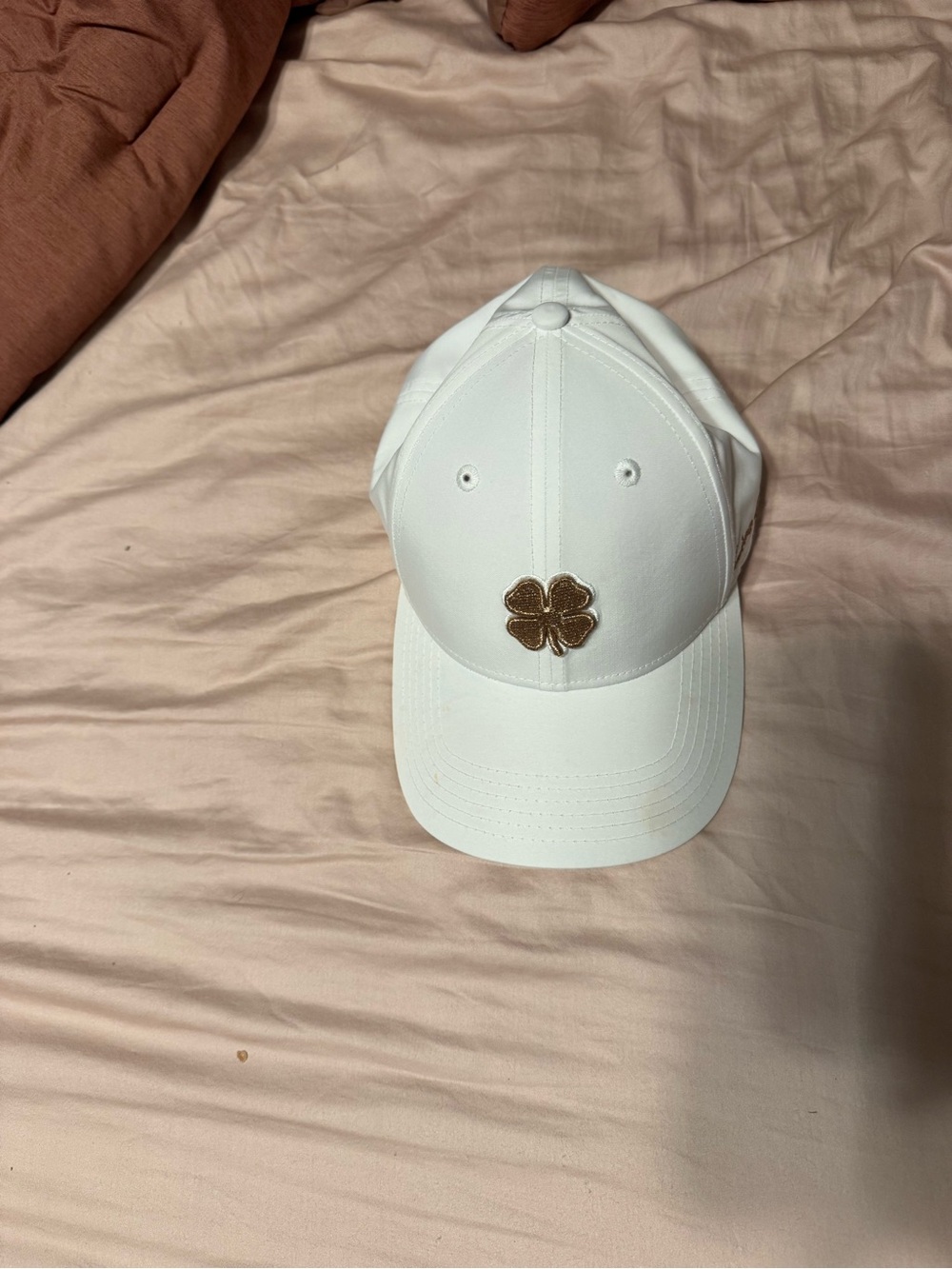 White Baseball Cap with Gold Clover Patch - Women's Hat
